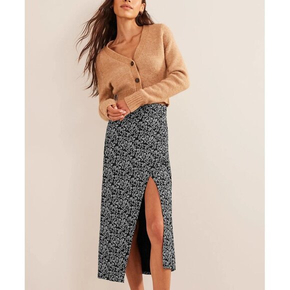 Boden Side Split Jersey Midi Skirt in Black, Abstract Vine - Picture 1 of 11